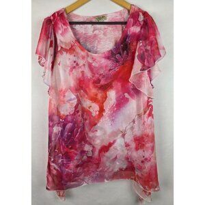 One World Top Womens Size XL Pink Embellished Floral Short Sleeve Shirt Blouse